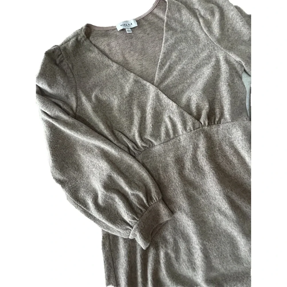 Womens Taupe Long Sleeve Dress Large‎ Ruffled Accents Super Soft! - Picture 3 of 10